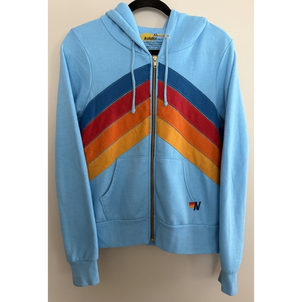 Aviator Nation Mountain Stitch Chevron 4 Zip Hoodie Sky‎ Size XS